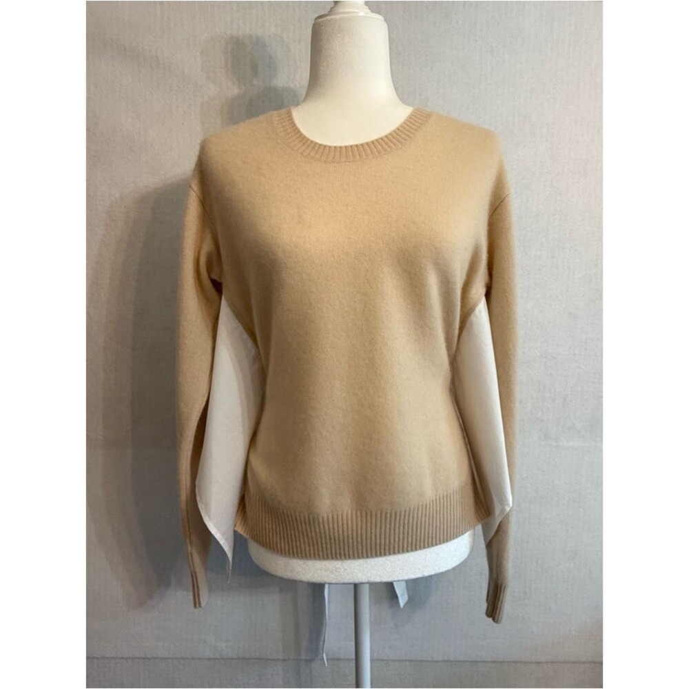 Naadam Cashmere Mixed Media Tie Back Sweater Tan XS 100% Cashmere Cotton Poplin